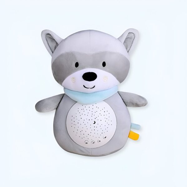 peluche-raton-laveur-projecteur-d-etoiles-bruit-blanc-apaisant-1a Peluche de raton laveur gris avec un projecteur d'étoiles intégré pour aider les bébés à s'endormir.