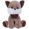 Une peluche de chien marron avec un nœud papillon et de grands yeux bleus.