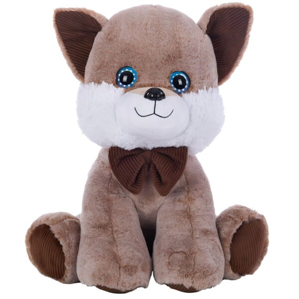 Une peluche de chien marron avec un nœud papillon et de grands yeux bleus.