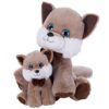 Deux peluches en forme de renard, l'une grande et l'autre petite, toutes deux avec des yeux bleus brillants et un nœud papillon marron.