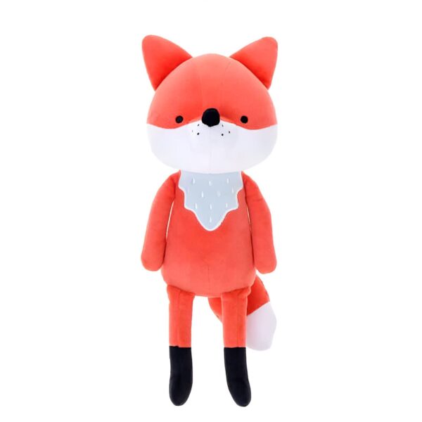 Peluche renard orange avec un collier bleu clair, debout sur un fond blanc.