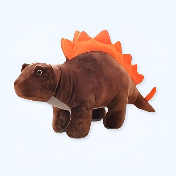 Peluche de dinosaure marron avec une crête orange.