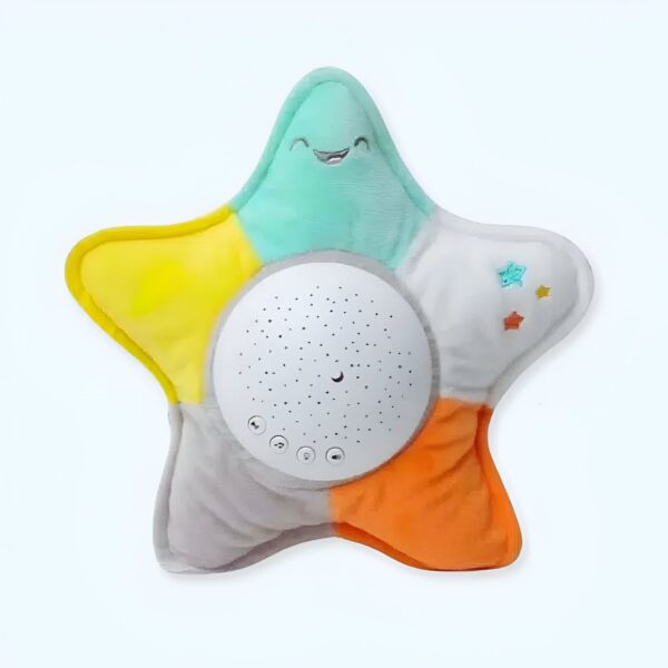 Une étoile en peluche colorée avec une veilleuse intégrée pour aider les bébés à s'endormir.