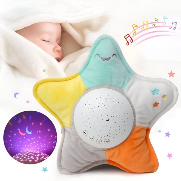 Une étoile en peluche multicolores avec un projecteur de lumière de nuit et des sons apaisants pour aider les bébés à s'endormir.