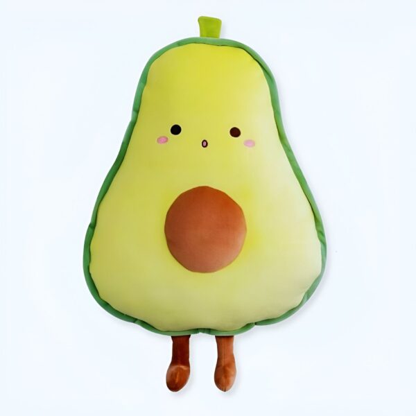 Un coussin en forme d'avocat souriant avec des petites jambes.