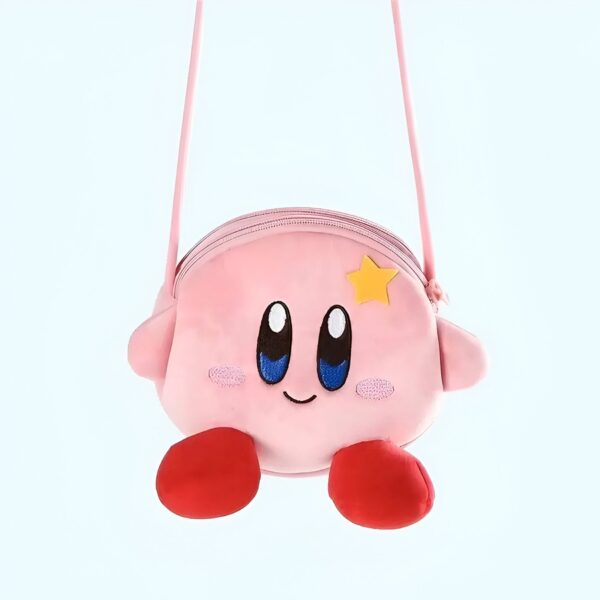 Sac à bandoulière en peluche rose en forme de Kirby, un personnage de jeu vidéo, avec une étoile jaune sur la tête et des yeux bleus.