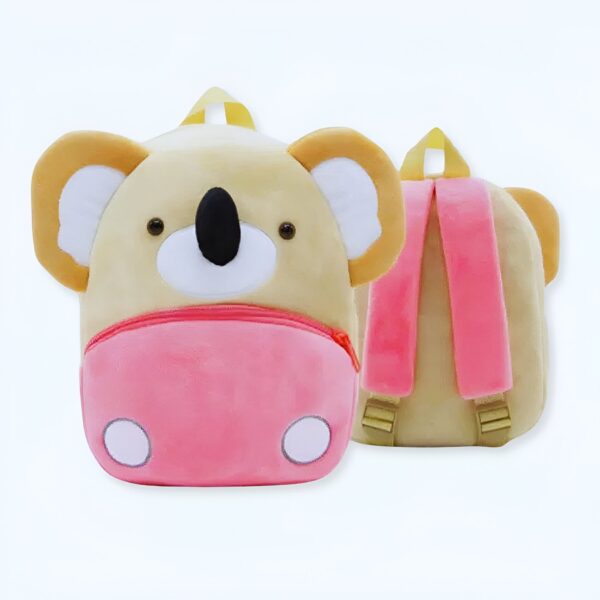 Sac à dos en peluche en forme de koala pour enfants avec des détails roses.