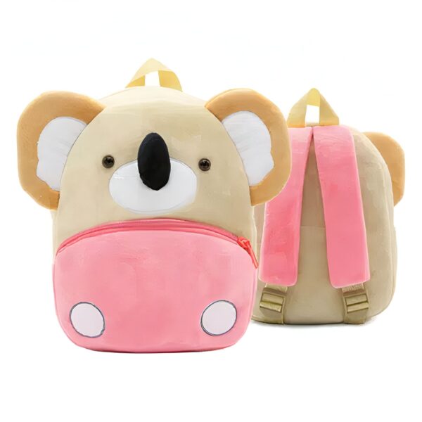 Sac à dos en peluche en forme de koala avec une poche rose et des bretelles roses. Le sac est affiché de face et de dos. Parfait pour les enfants.