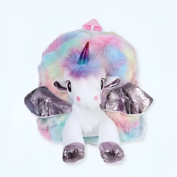 Sac à dos en peluche licorne arc-en-ciel avec des ailes scintillantes. Parfait pour les enfants qui aiment les licornes et les couleurs vives.