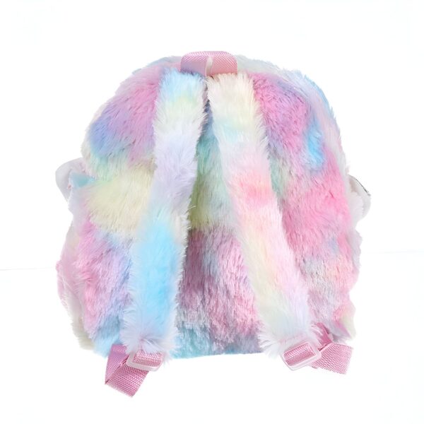 Sac à dos en peluche rose et bleu avec un motif arc-en-ciel.