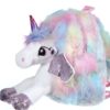 Sac à dos en peluche licorne arc-en-ciel avec une fermeture éclair et des détails brillants.
