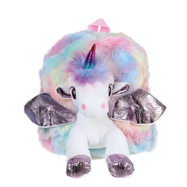 Sac à dos licorne en peluche arc-en-ciel avec des ailes argentées.