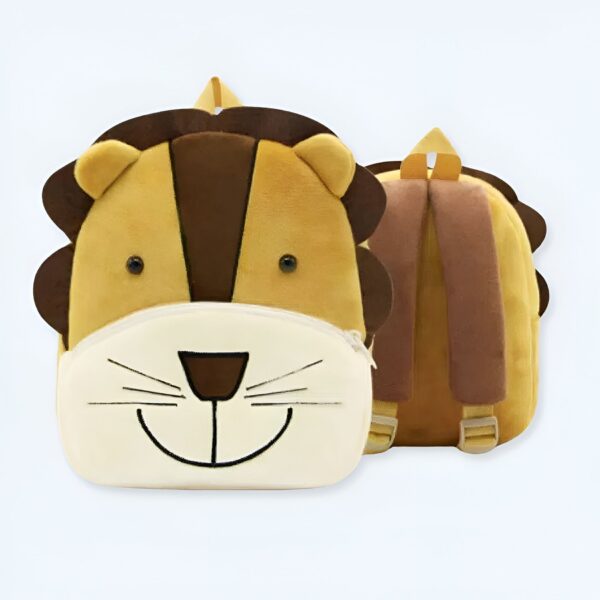 Sac à dos en peluche en forme de lion pour enfant, avec une fermeture éclair sur le devant et des bretelles réglables.
