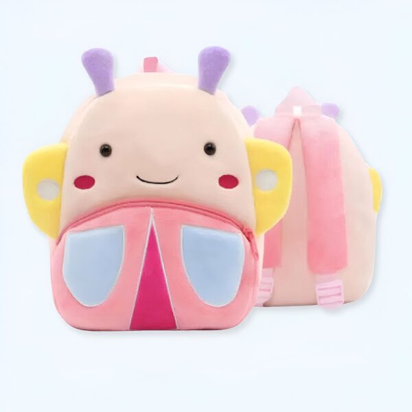 Sac à dos en peluche rose en forme de papillon avec des ailes jaunes, des antennes violettes et une fermeture éclair.