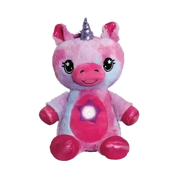 veilleuse-peluche-licorne-rose-projecteur-d-etoiles-musique-apaisante-4a-2 Une licorne en peluche rose avec une étoile qui s'illumine sur sa poitrine. Elle a des yeux noirs et une corne argentée.